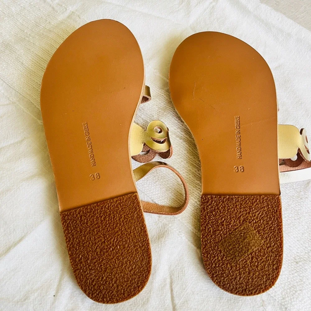 Ancient Greek Sandals Metallic Platinum Hand Made Leather Multi Strap Size 38